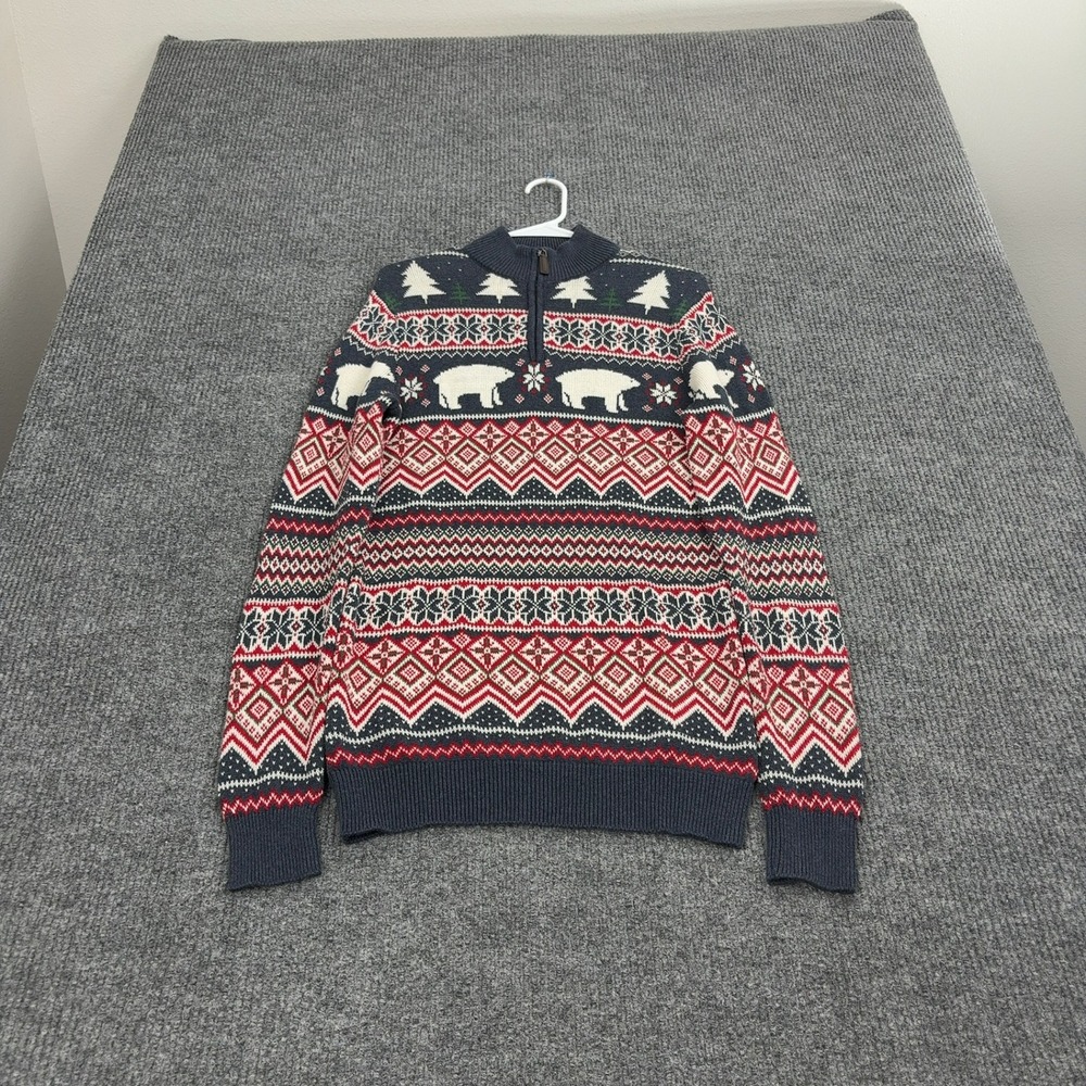 Aspen Sweater Mens S Blue Cotton Polar Bear Fair‎ Isle Quarter Zip Holiday Cozy
